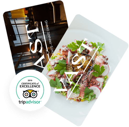 a composite of two gift cards to Vast restaurant and a Trip Advisor certificate of excellence badge